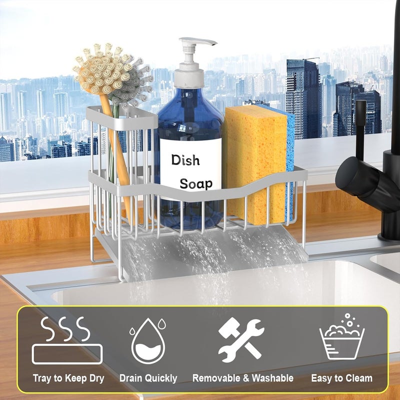 Fssvcd Maifan Sink Caddy Sponge Holder for Kitchen with Brush Holder and Stainless Steel Self Drain Tray, Rustproof Kitchen Sink Organizer for Sponge, Soap Dispenser Storage Accessories (Lacquer Silver) | Sponge Holder, Brush Holder, Self Drain Tray, Rustproof, Sponge, Soap Dispenser - Image 3